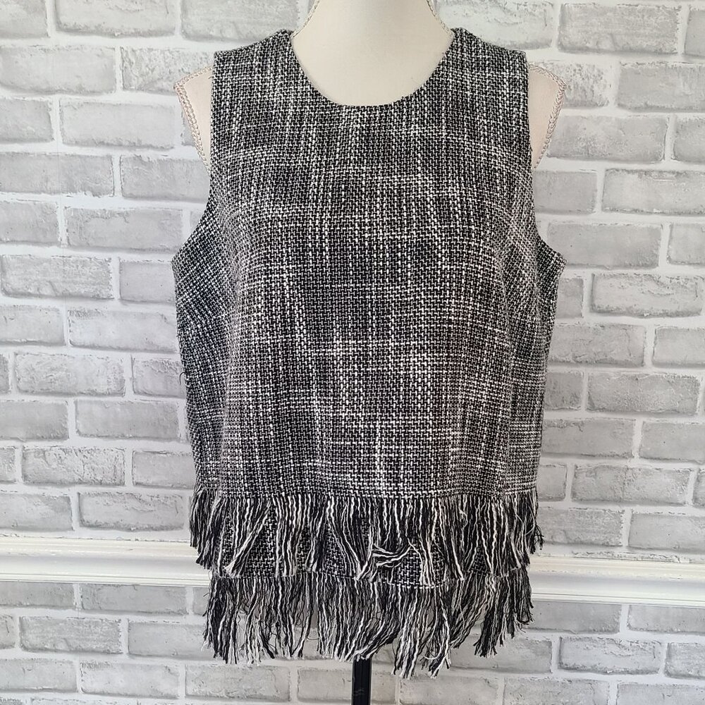 Mud Pie Tweed Fringe Boxy Tank Top Vest Sleeveless Layering Boho Classic NEW Lg